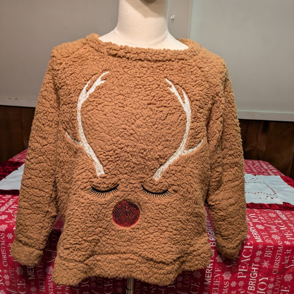 Brown Christmas Fleece Sweatshirt Sweater with Sequin Reindeer Design